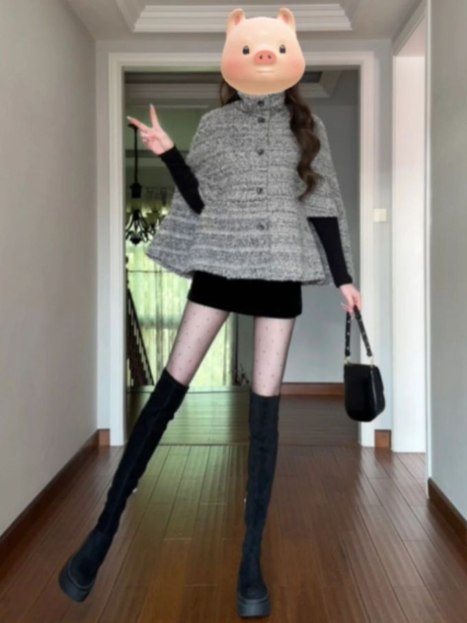 粗花呢 H型 立领 中长袖 轮廓灰 终极灰 灰白色 基础扣饰 