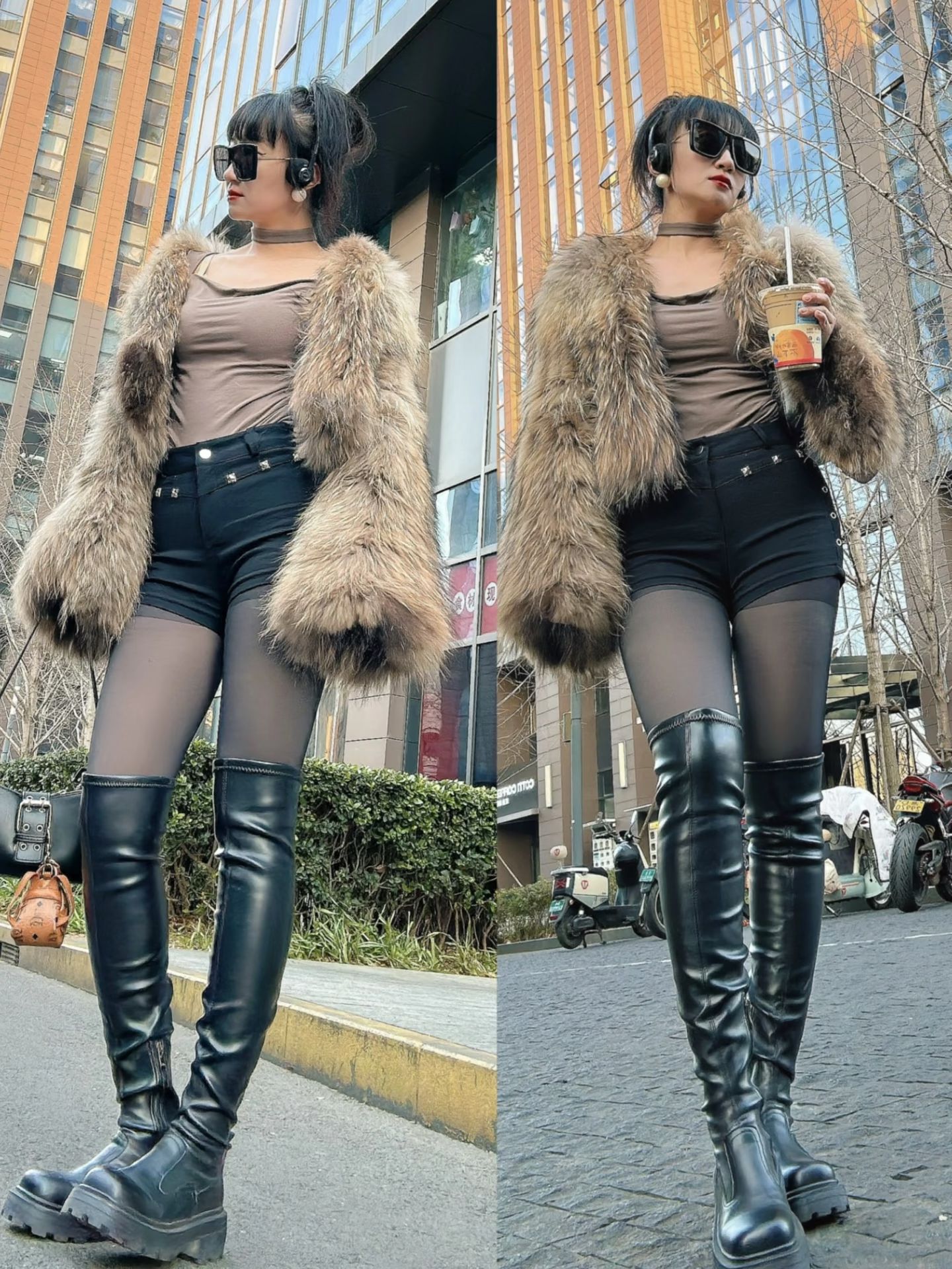 皮草面料 H型 颈线领 中长袖 裘毛袖 碳色 腐殖土色 灰棕色  - VALI鞋履AI设计主图