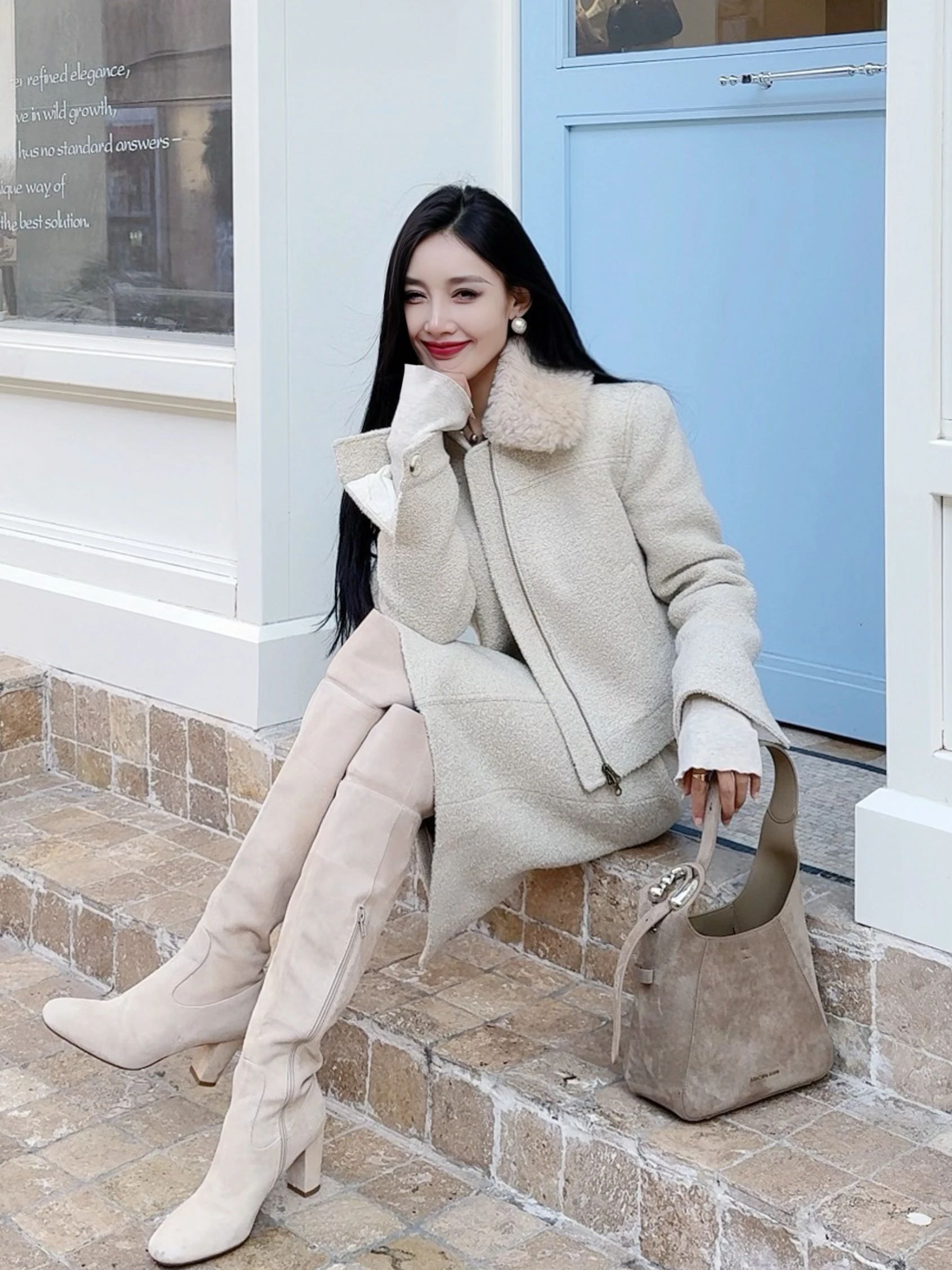 呢绒 H型 翻领 中长袖 基础袖 生丝 黎明蓝 月岩色 毛条  - VALI鞋履AI设计主图