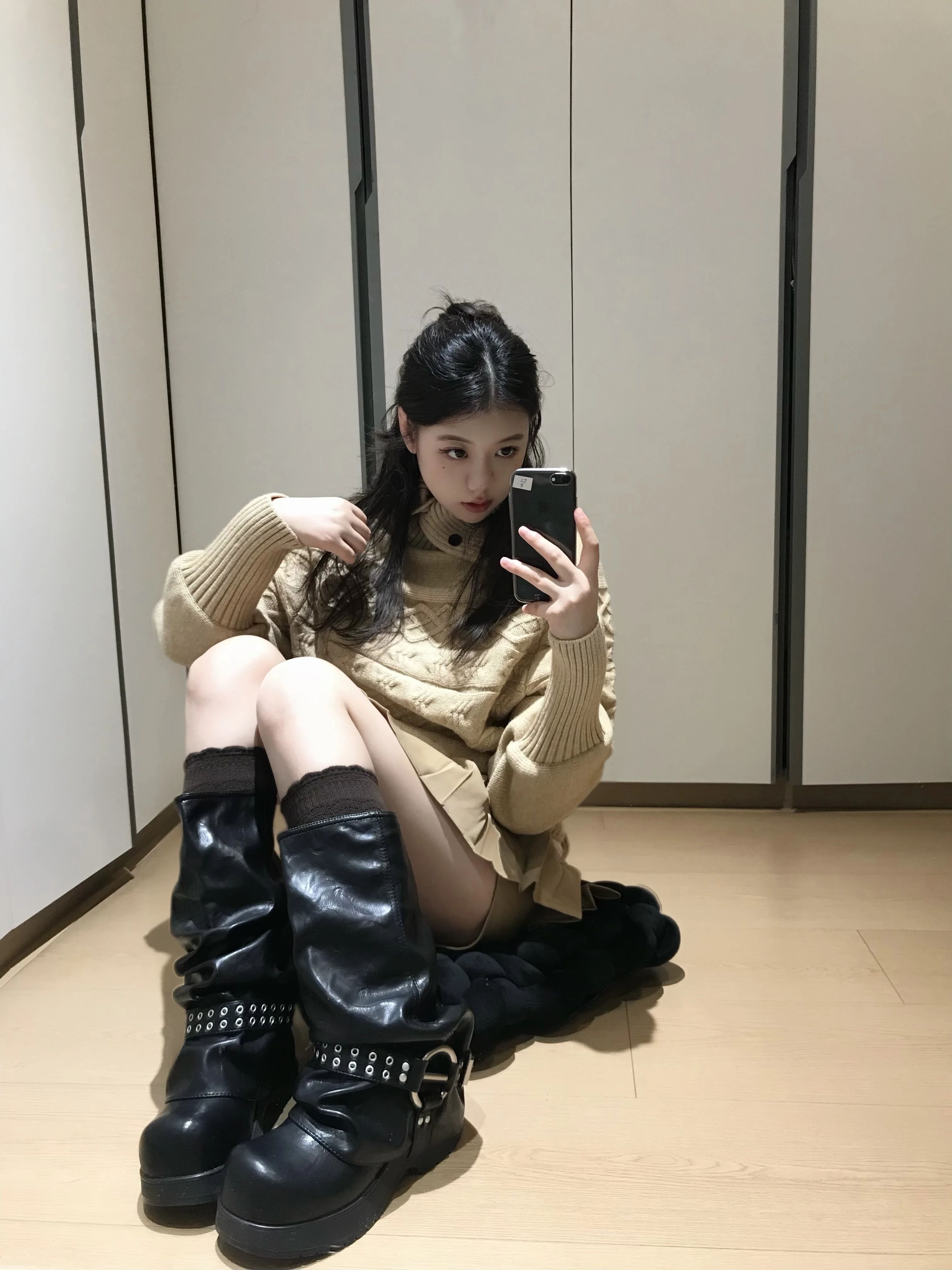 毛纺 圆形领 中长袖 基础袖 细针 针织螺纹 沙漠棕榈色 袋鼠色 榆木色  - VALI鞋履AI设计主图