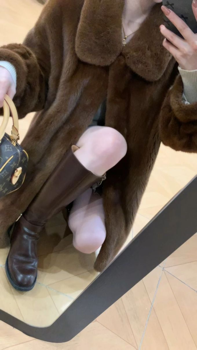 皮草面料 H型 翻领 中长袖 裘毛袖 咖啡褐色 暗土褐色 陨石色 