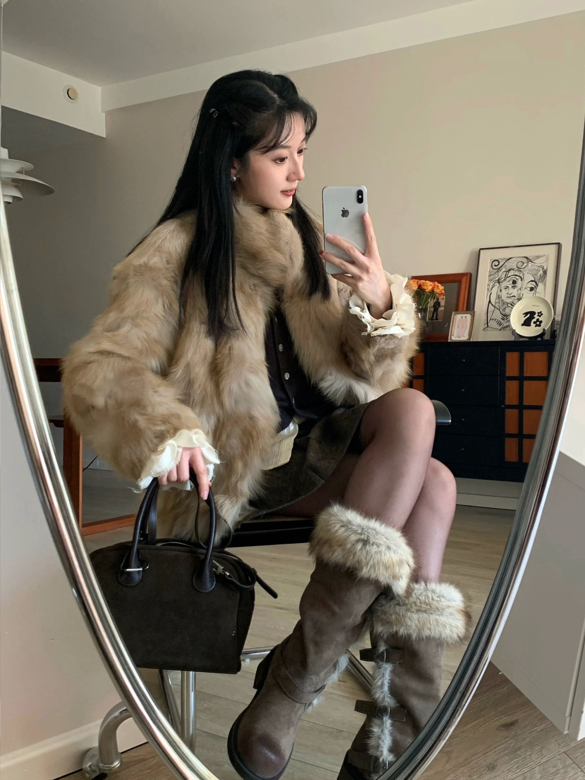 皮草面料 H型 翻领 中长袖 裘毛袖 袋鼠色 陨石色 沙漠棕榈色 基础扣饰 Y2K 辣妹  - VALI鞋履AI设计主图