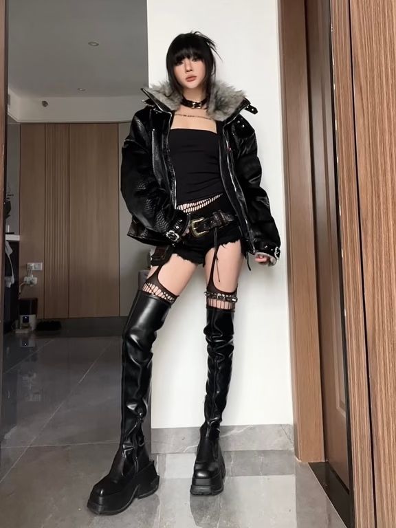 皮革面料 连帽领 燕尾服 棕灰色 火山灰 基础拉链 朋克摇滚  - VALI鞋履AI设计主图