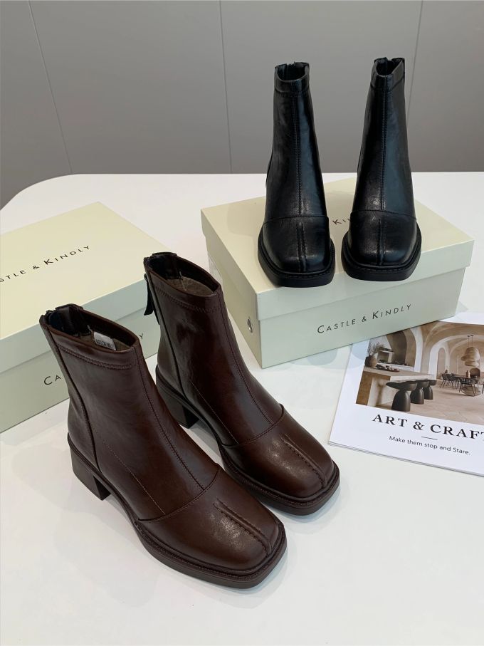 鼹鼠色 巧克力酱色 巧克力棕 方头 皮革 