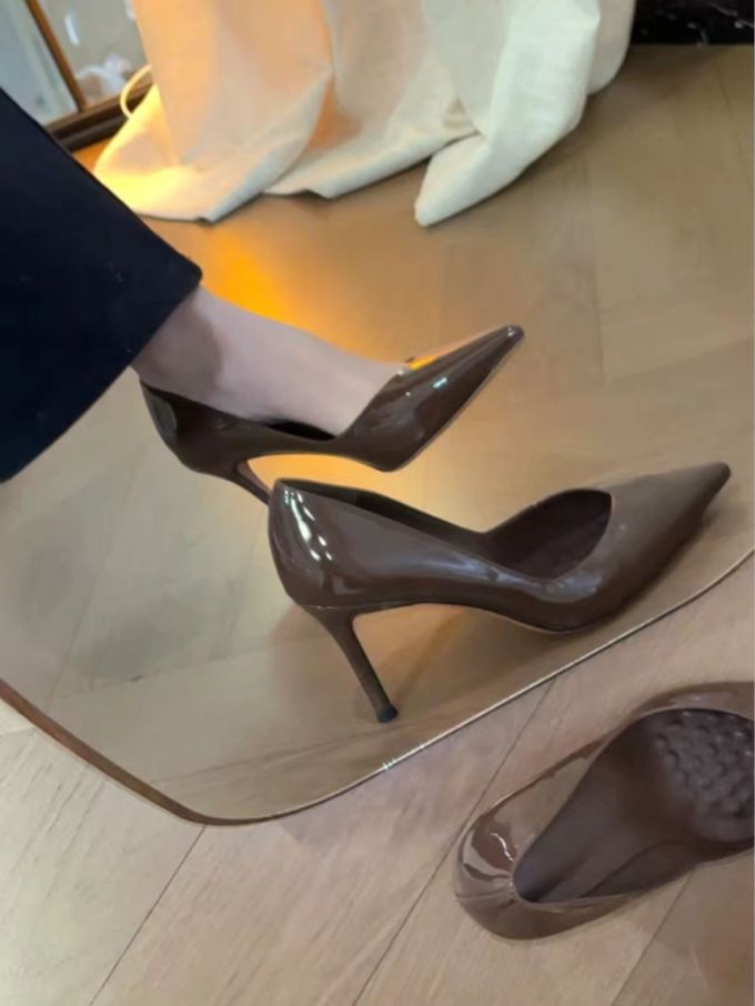 高跟 细跟 咖啡褐色 鼹鼠色 土耳其咖啡色 尖头 低帮 一脚蹬 浅口鞋 皮革 