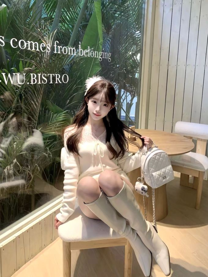 V领 中长袖 打结-扭结 卡布奇诺泡沫 河岩 奶油 甜美 