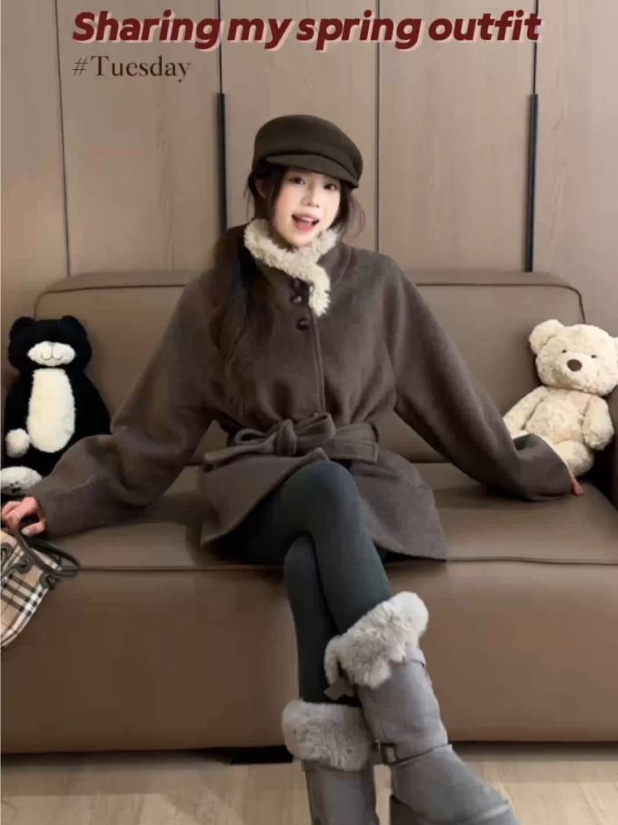 呢绒 X型 翻领 超长袖 打结-扭结 咖啡褐色 鼹鼠色 棕色花岗岩 基础扣饰 韩系休闲 休闲 