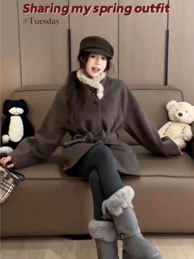 呢绒 X型 翻领 中长袖 打结-扭结 热软糖 鼹鼠色 巧克力棕 毛条 韩系休闲 休闲 