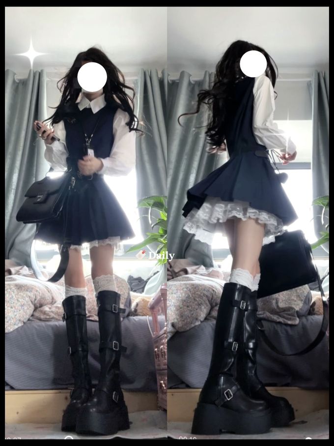 X型 层叠 荷叶边 边缘装饰 选美蓝 鲍鱼壳 蒸汽蓝 蕾丝花边 洛丽塔 