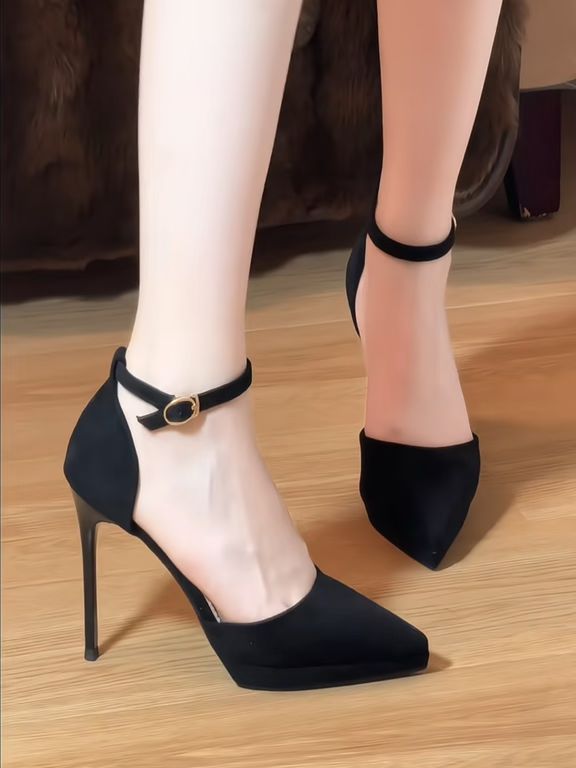 高跟 细跟 无烟煤色 咖啡褐色 微粉 无帮 袢扣 皮革  - VALI鞋履AI设计主图