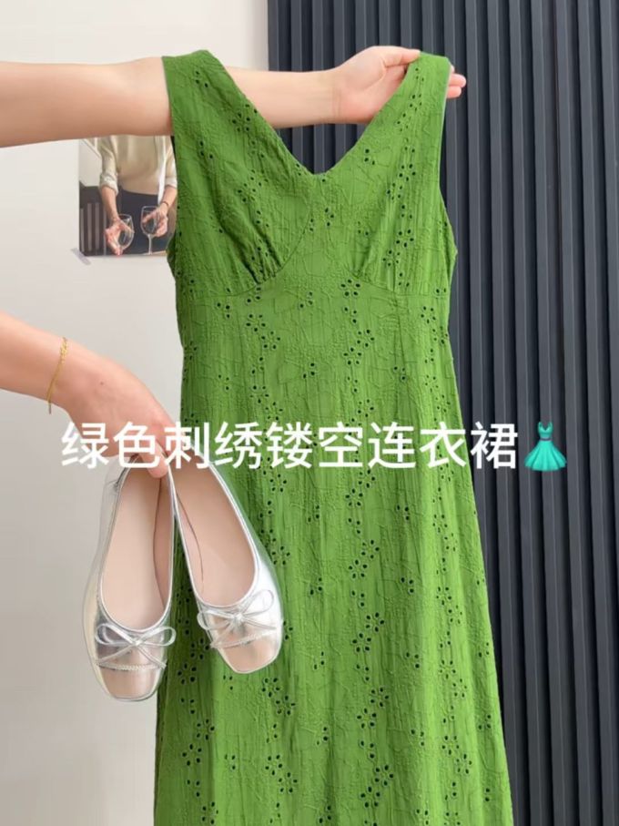 蕾丝面料 H型 V领 无袖 漏针-挑孔 叶绿色 咸石灰 奇异果绿 