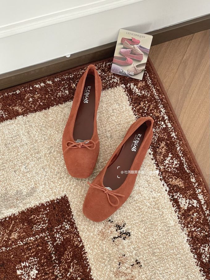 芒果色 樱桃红木 浅赤褐色 方头 一脚蹬 浅口鞋 皮革 