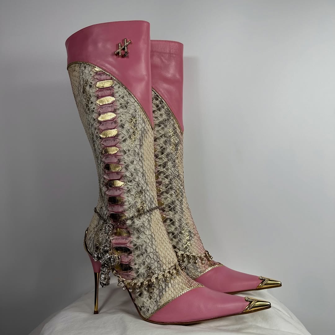 高跟 细跟 咖啡褐色 红麝香 灰玫瑰红 尖头 系带 皮革  - VALI鞋履AI设计主图