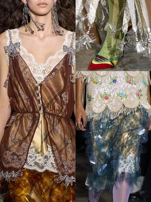 纱 X型 V领 无袖 满印&循环 抽褶 拼接 边缘装饰 土褐色 栗色马 巧克力奶油 蕾丝花边 