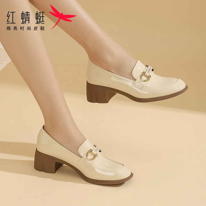 【红蜻蜓正品】皮鞋品牌女鞋乐福鞋粗跟厚底松糕鞋高跟鞋百搭单鞋主图
