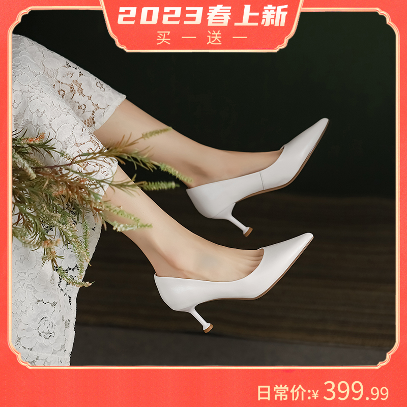 阿么手工女鞋4.5cm百搭细跟尖头高跟鞋不累脚春季新款浅口单鞋女主图