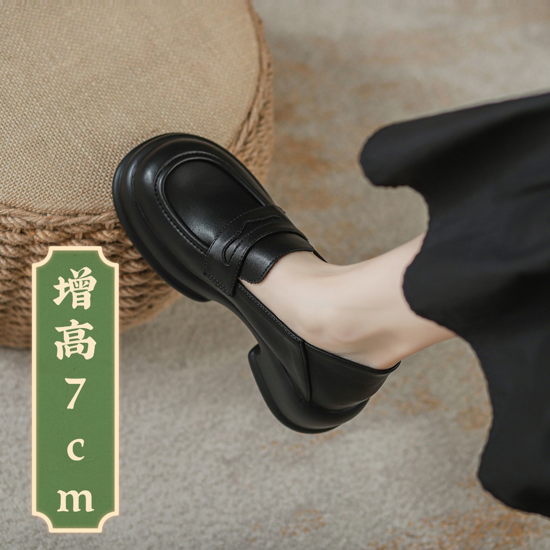 【31码起】新内增高小皮鞋女厚底休闲百搭小个子一脚蹬乐福鞋A233主图