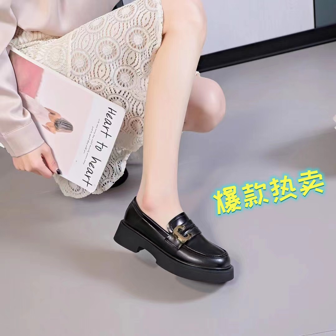 复古圆头女鞋优雅气质黑色厚底乐福鞋女时尚休闲百搭粗跟 666-5主图