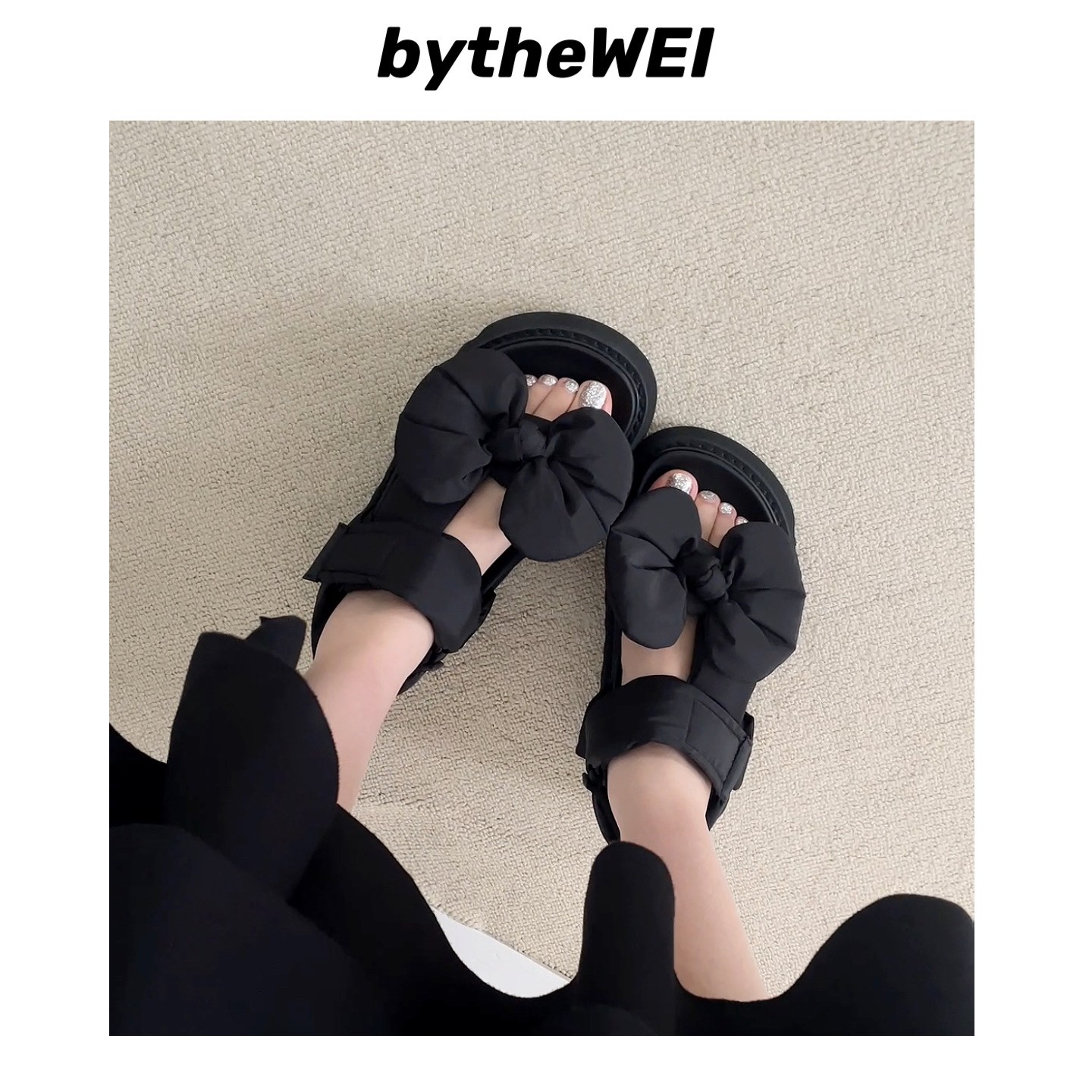 bytheWEI~【山本大蝴蝶结】欧货填充超软踩屎感露趾厚底凉鞋女主图
