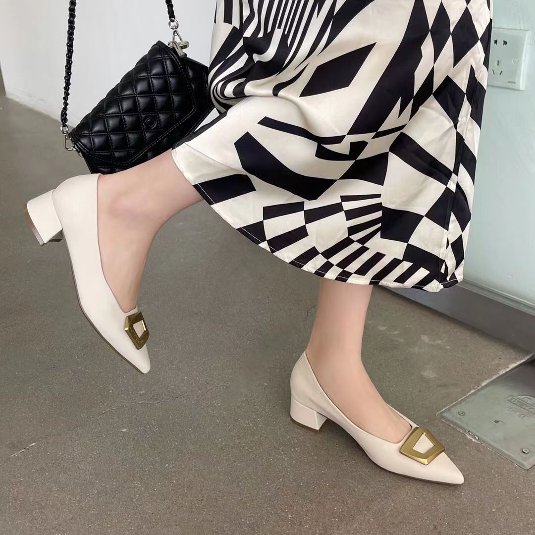 春夏新款女士浅口粗跟2023舒适软底通勤尖头办公百搭单鞋 25//XY主图