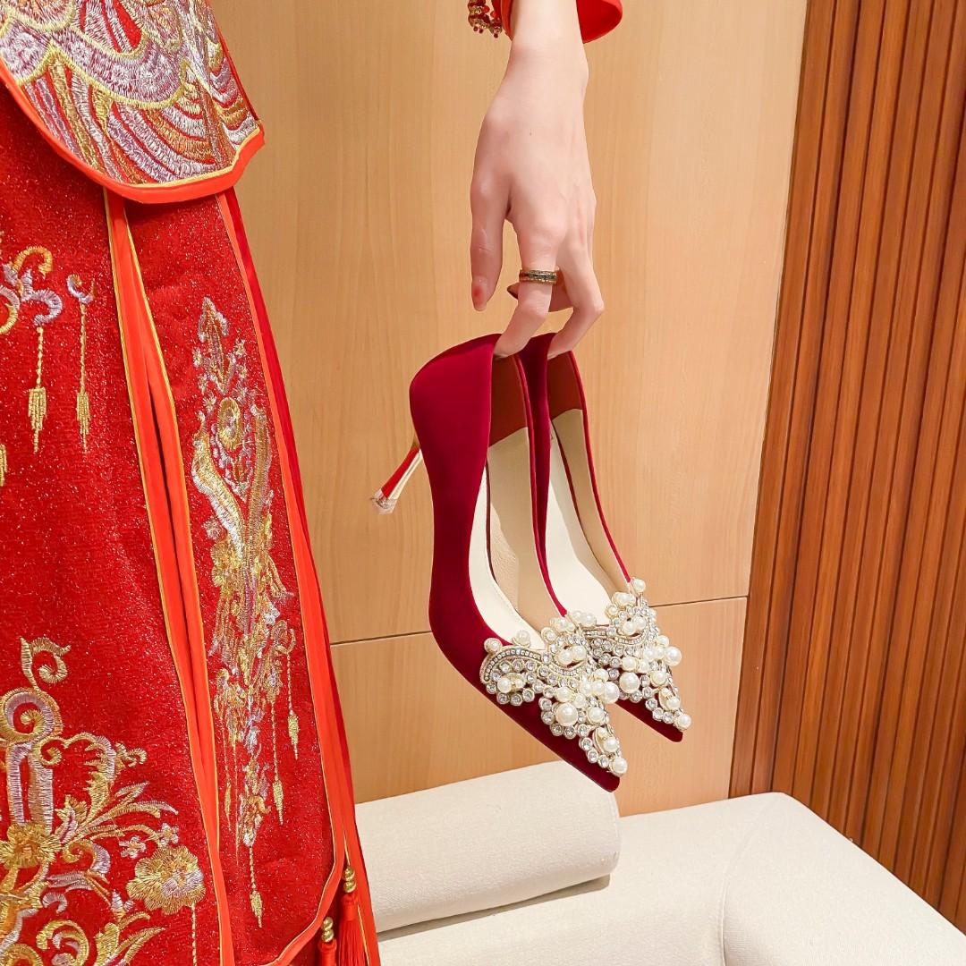 粗跟鞋秀禾服结婚鞋中国风主婚纱敬酒不累脚新娘鞋宴会红色高跟鞋主图