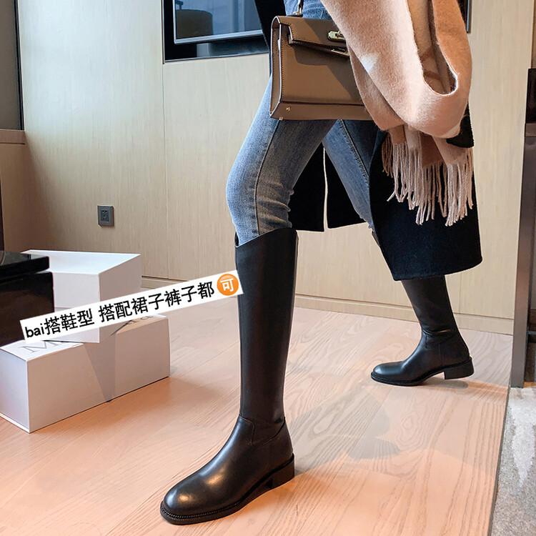 【阿水女鞋】小个子内增高V口圆头秋冬长靴百搭粗跟真皮小码长筒靴主图