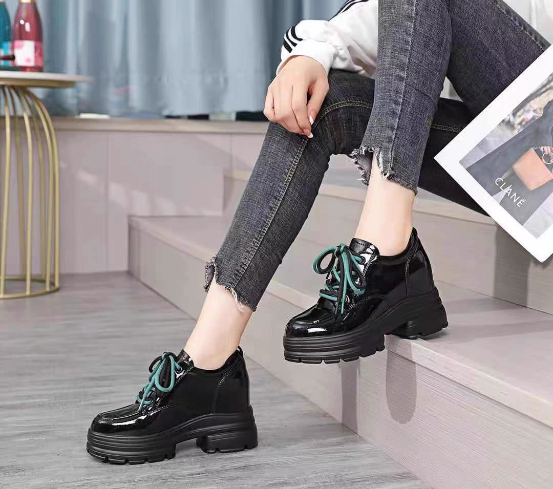 秋冬真皮松糕厚底系带乐福英伦百搭漆牛皮时尚小个子内增高女鞋主图