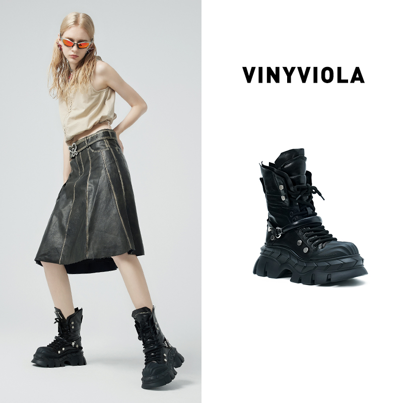 VINYVIOLA设计师款圆头系带英伦风黑色英伦时尚马丁靴主图