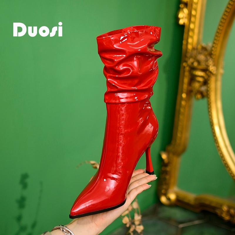 【DUOSI】7cm时尚堆堆靴女红色婚靴尖头高跟瘦瘦小短靴8835-2主图