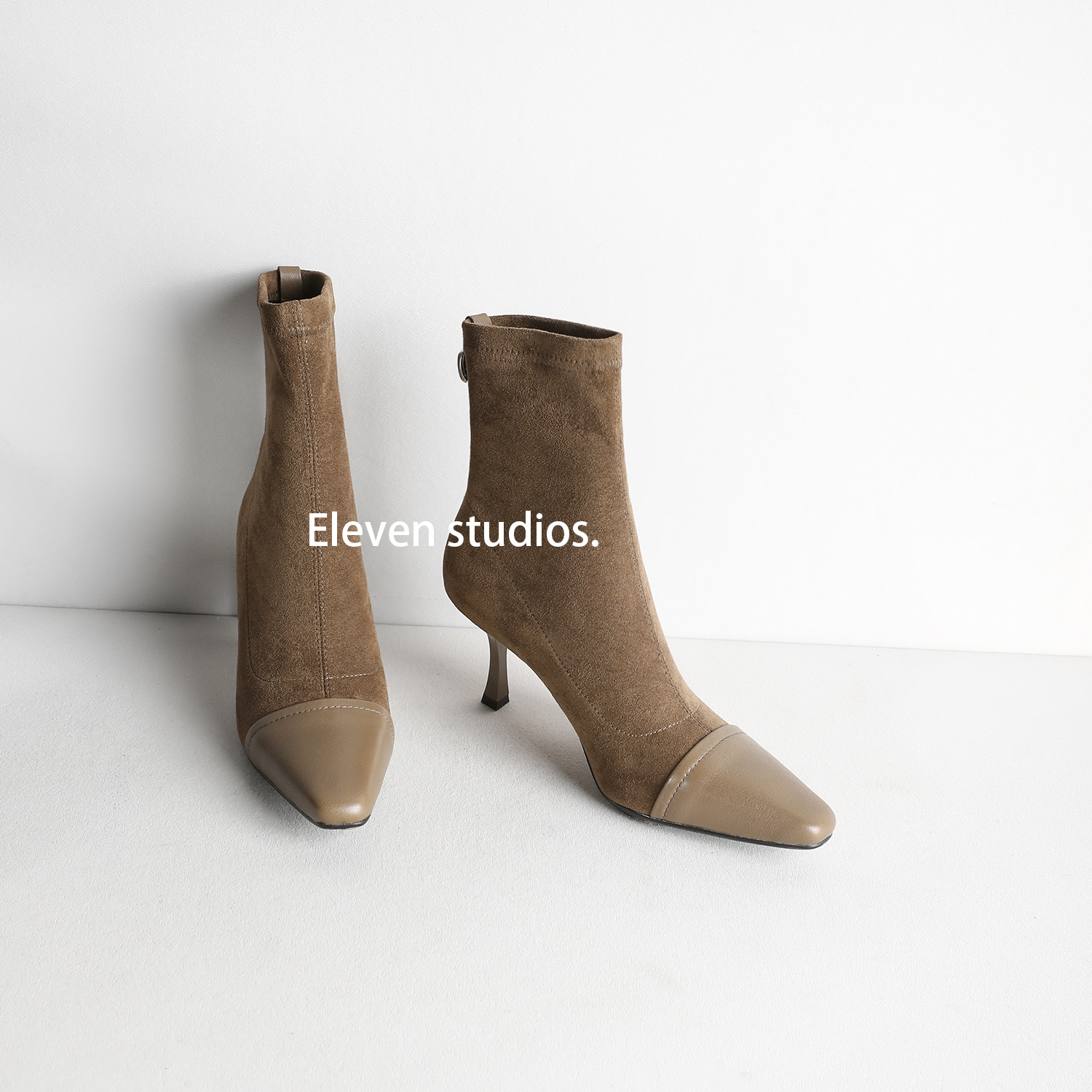 【Eleven.】秋冬法式复古风牛皮拼接绒面舒适瘦瘦短靴/跟高7公分主图