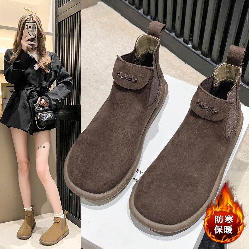 磨砂皮真皮短靴女平底加绒2023年秋季新款磨砂牛皮时尚复古女靴子主图