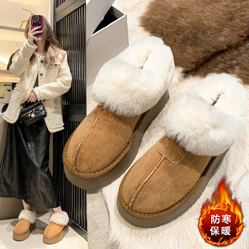毛毛雪地靴女低帮皮毛一体2023新款冬季加绒加厚保暖一脚蹬大棉鞋主图
