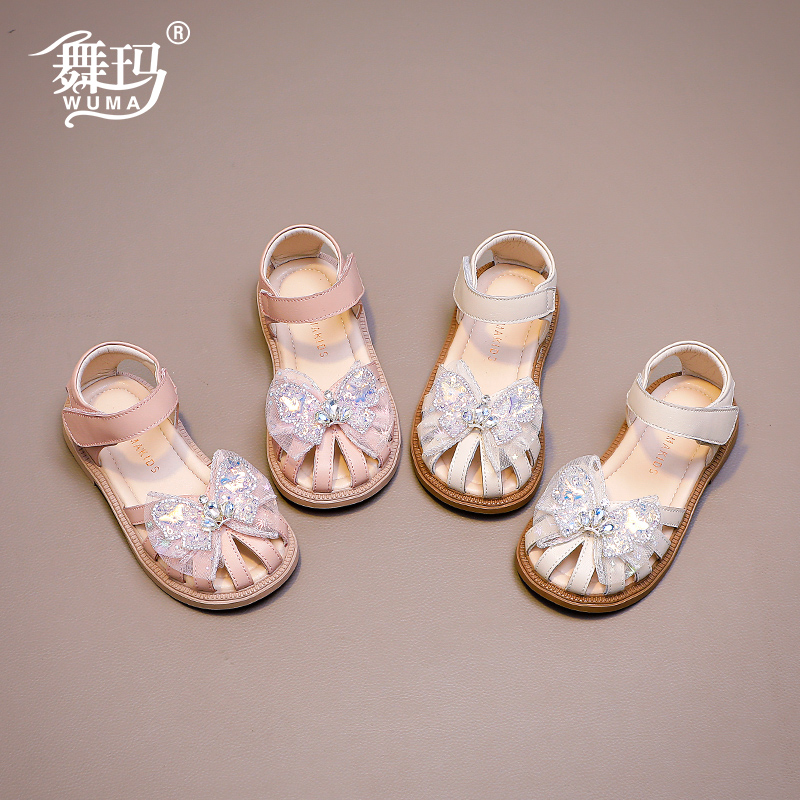 女童鞋子儿童真皮公主鞋2024新款夏款宝宝软底包头夏季蝴蝶结凉鞋主图