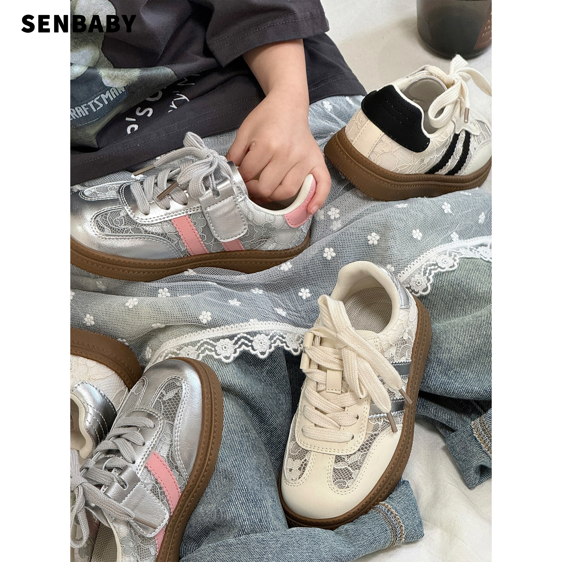 senbaby童鞋女童春夏休闲鞋中大童洋气运动鞋女孩透气蕾丝德训鞋主图