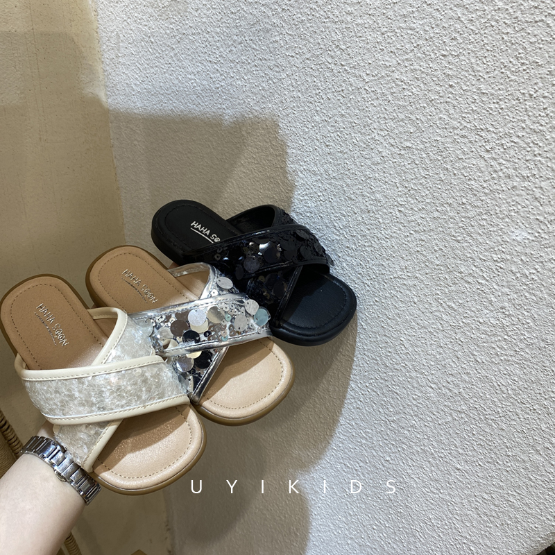 韩版童鞋夏季新款儿童交叉亮片闪闪一脚蹬拖鞋女童洋气沙滩凉拖主图