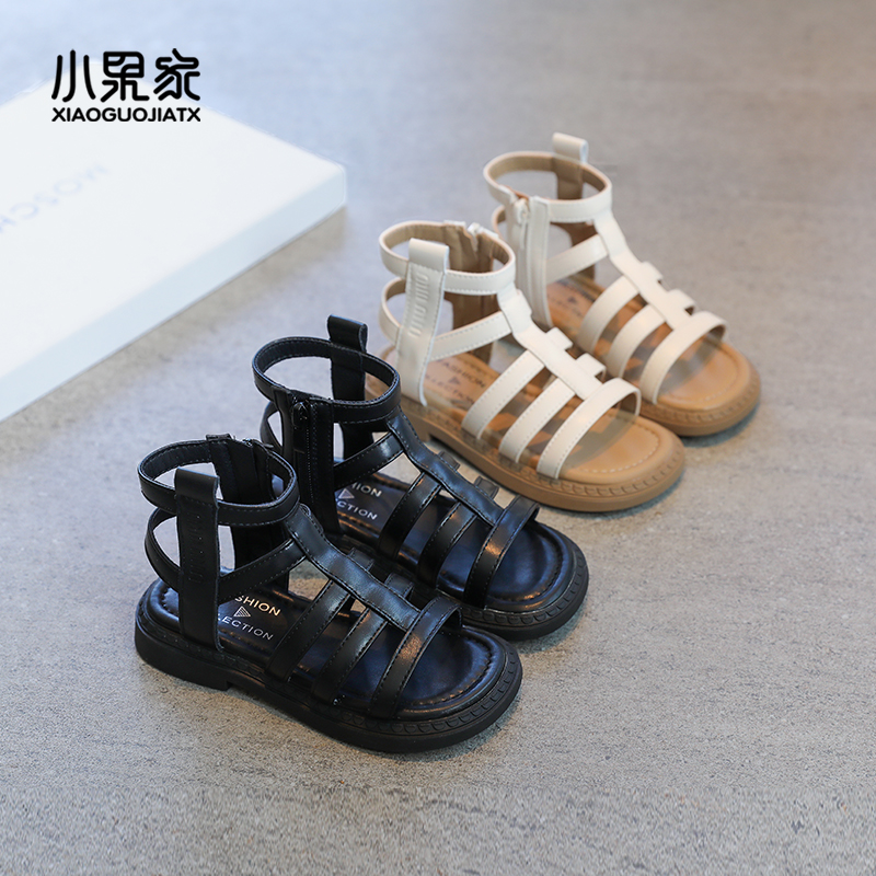 女童凉鞋夏款儿童罗马鞋高帮2024新款夏季童鞋小女孩沙滩鞋子黑色主图