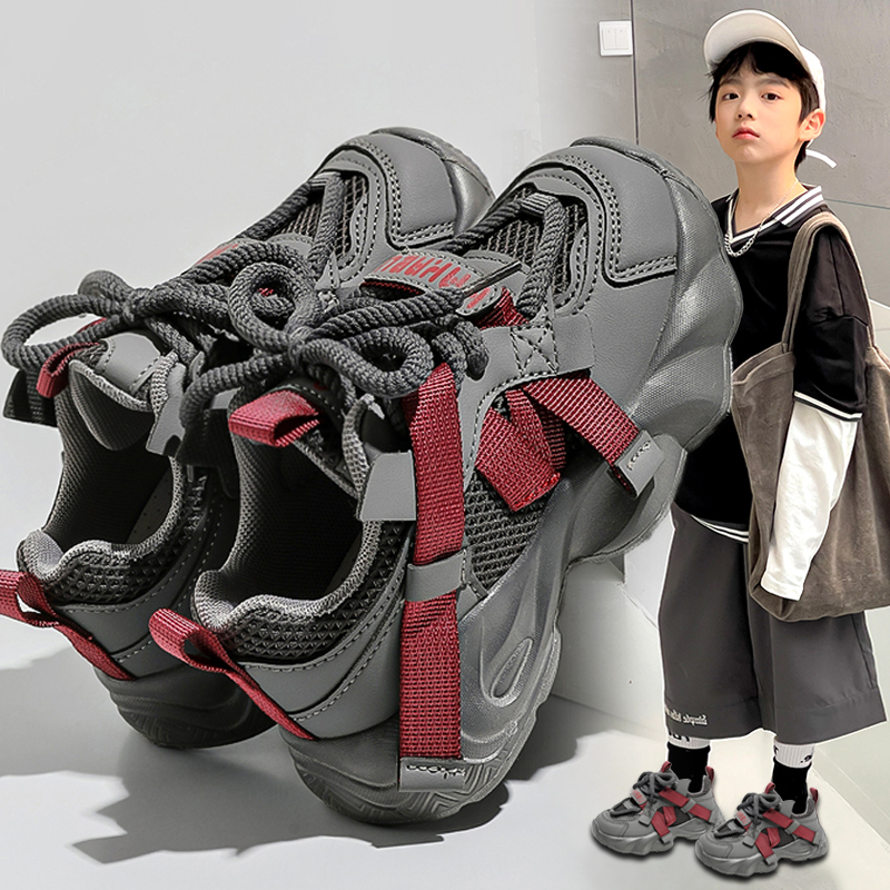 炸街男童鞋子春季2024新款网面软底老爹鞋跑步儿童运动鞋男孩防滑主图