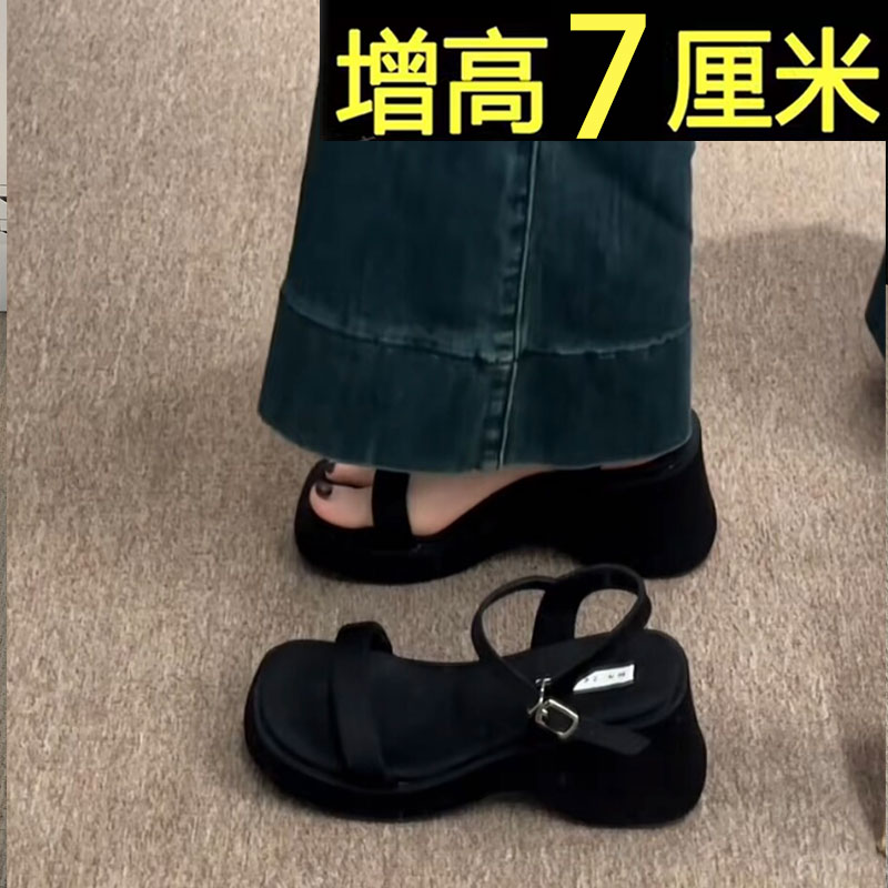 厚底坡跟凉鞋女款2024新款夏季外穿配裙子黑色增高跟沙滩罗马凉鞋主图