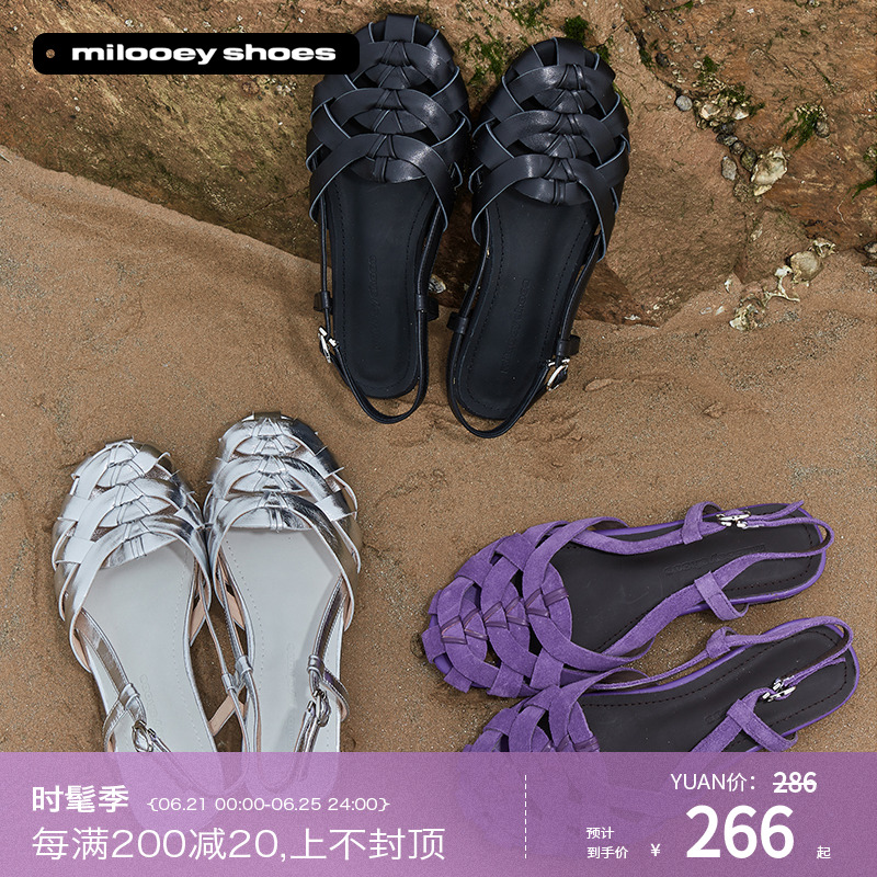 迷失麋鹿【编织菠萝包鞋】法式真皮平底凉鞋夏季外穿包头凉鞋女主图