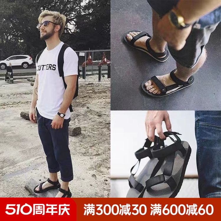 马登男鞋夏季新款沙滩凉鞋黑色休闲百搭室外穿ins潮流平底凉拖鞋主图