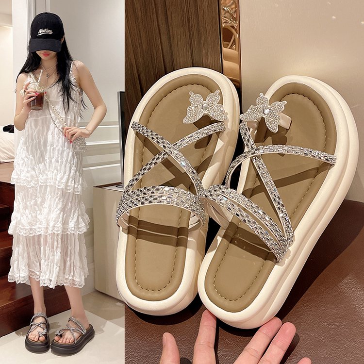 6188夏季爆款复古厚底拖新款亮钻交叉细带蝴蝶套趾罗马小香风凉拖主图