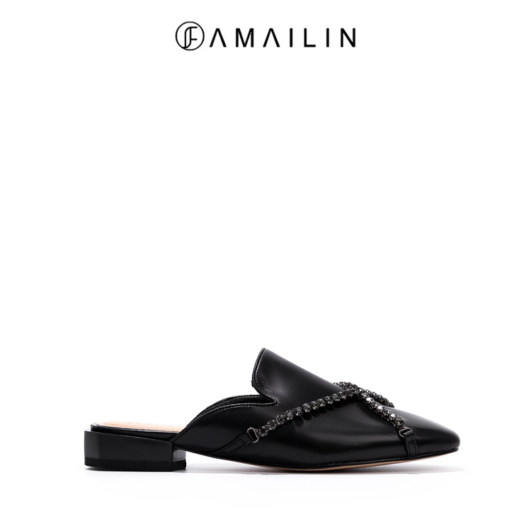【FAMAILIN】跟高2cm/2024夏新气质舒适真皮时尚百搭包头穆勒拖鞋女主图