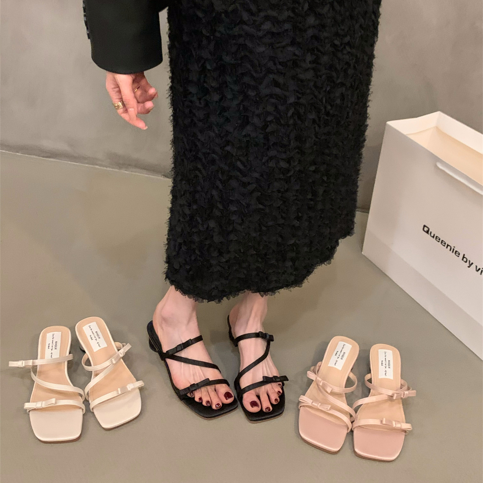 粗跟法式小凉拖鞋仙女鞋子2024新款夏季外穿粉色蝴蝶结配裙子凉鞋主图