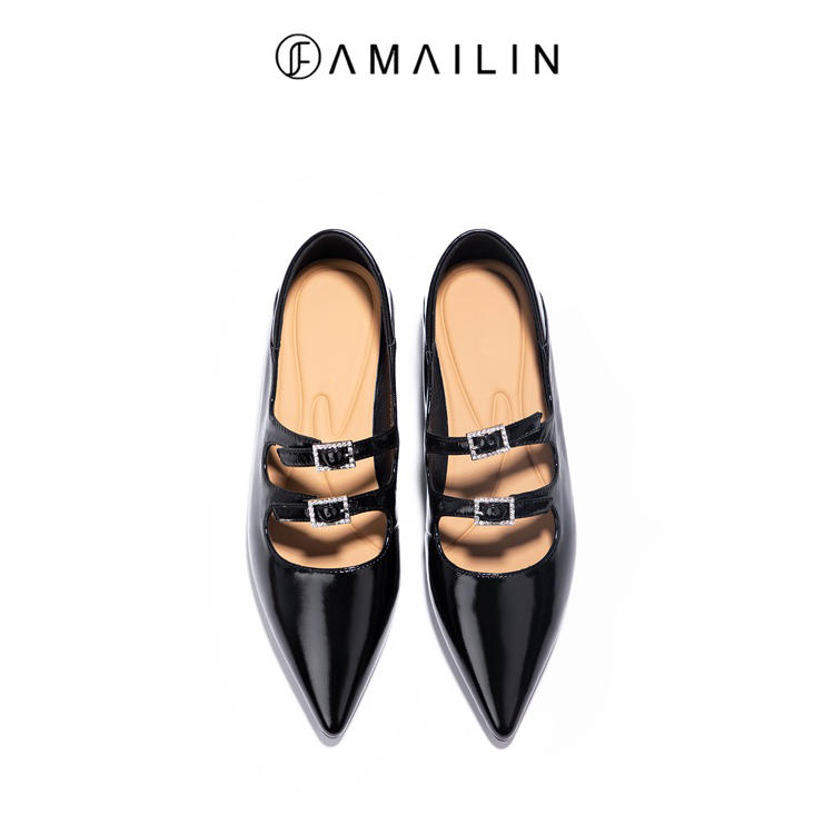【FAMAILIN】跟高2cm/2024夏季新款尖头浅口简约真皮时尚百搭单鞋女主图