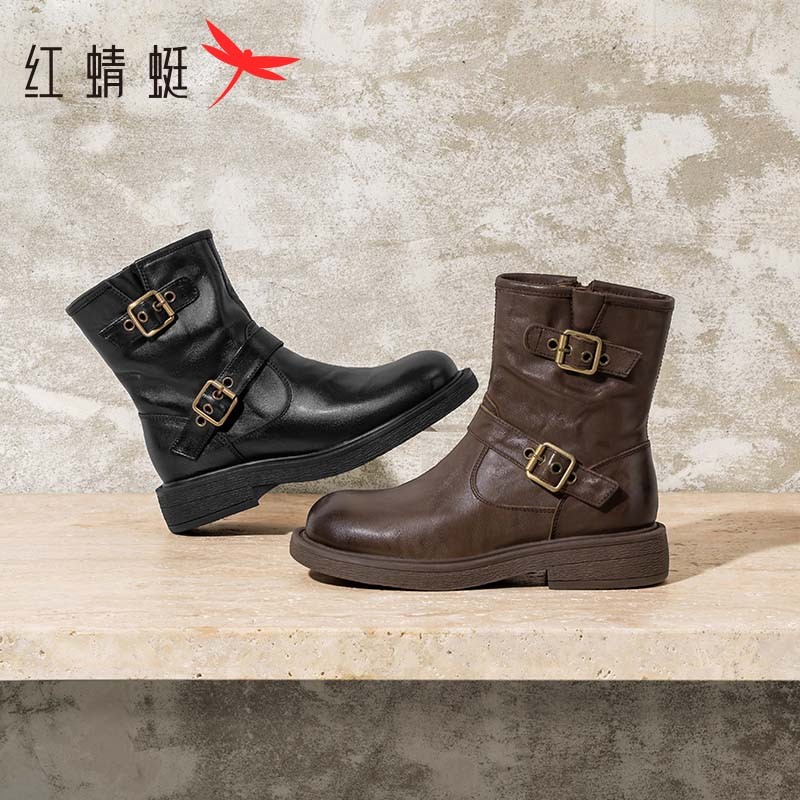 红蜻蜓西部短靴2024秋季新款雅丹风靴子复古皮筒靴子美拉德马丁靴主图