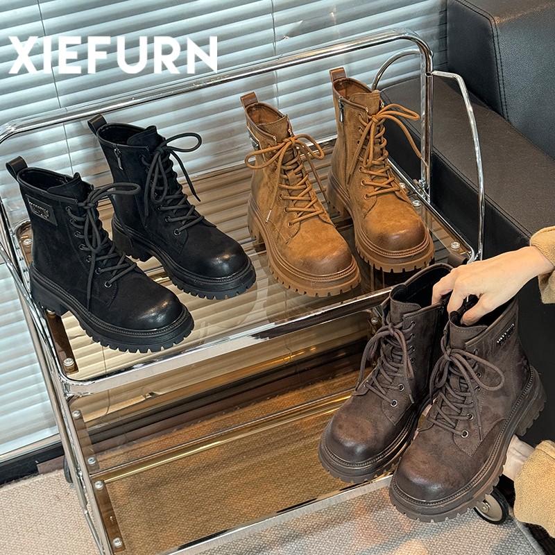 XIEFURN/鞋夫人英伦风黑色马丁靴女款秋季软底厚底百搭短筒靴主图