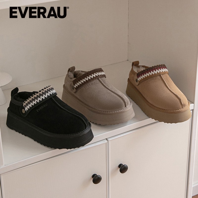 EVERAU雪地靴女2024加绒保暖厚底休闲包头半拖毛毛鞋外穿EA2059主图
