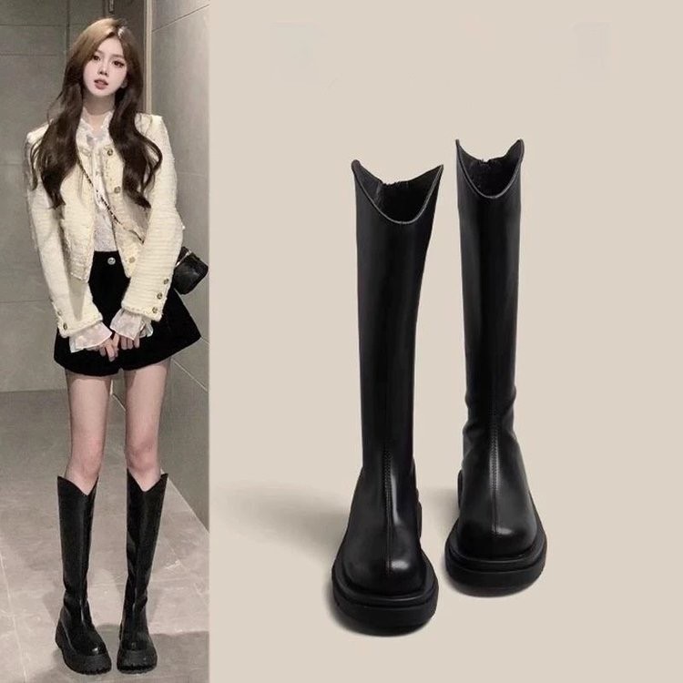 真皮长筒靴女切尔西靴长靴子2024新款秋冬季厚底马丁靴高筒骑士靴主图