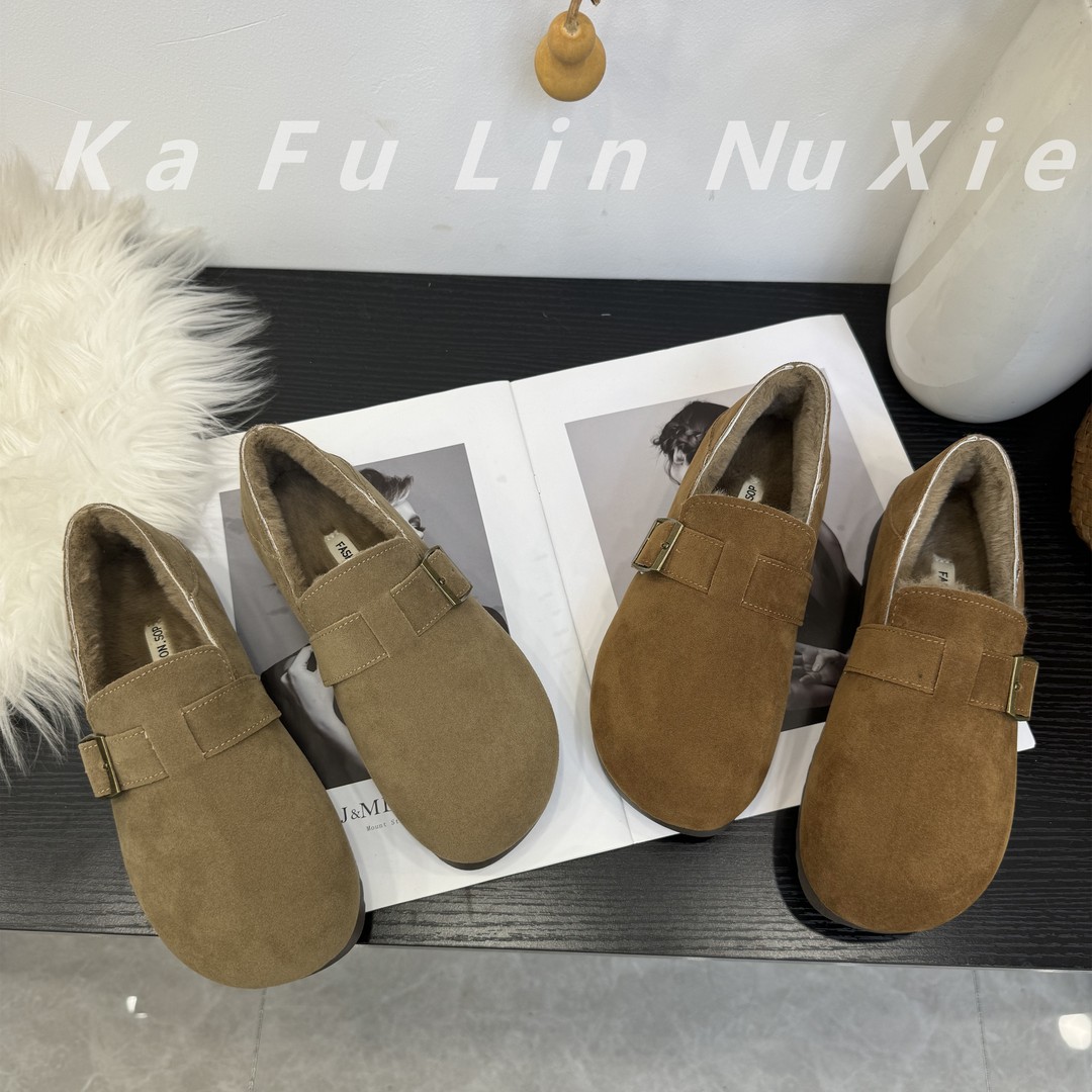 【卡芙琳shoes】2024毛毛鞋女加绒冬季勃肯鞋软皮复古博肯棉鞋子女主图