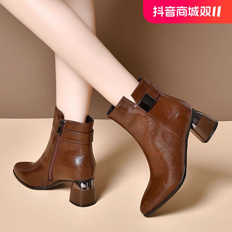 【朵苮品牌】粗跟短靴女新款时尚棕色短靴秋冬尖头百搭英伦靴子3170主图